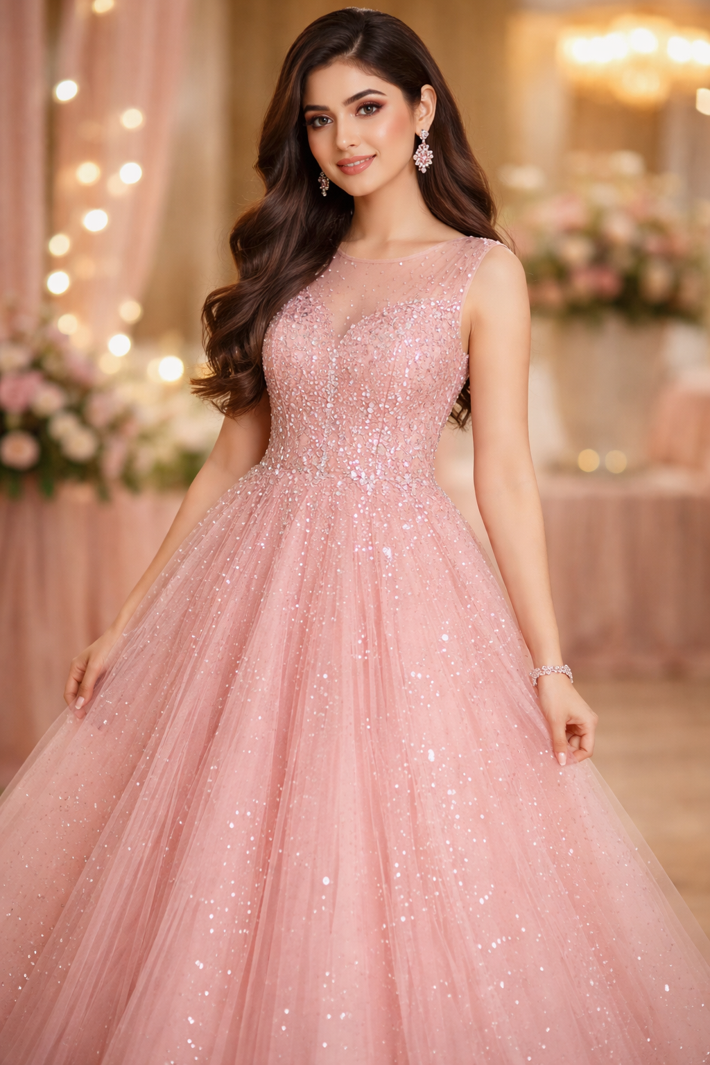 Pink Net Frock with Sequins