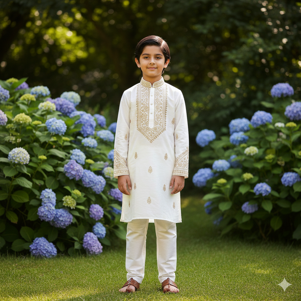 White & Gold Embroidered Kurta